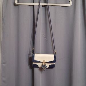 Urban Energy Small Crossbody Bag Purse Navy Light Khaki Tan 7x5" EUC
